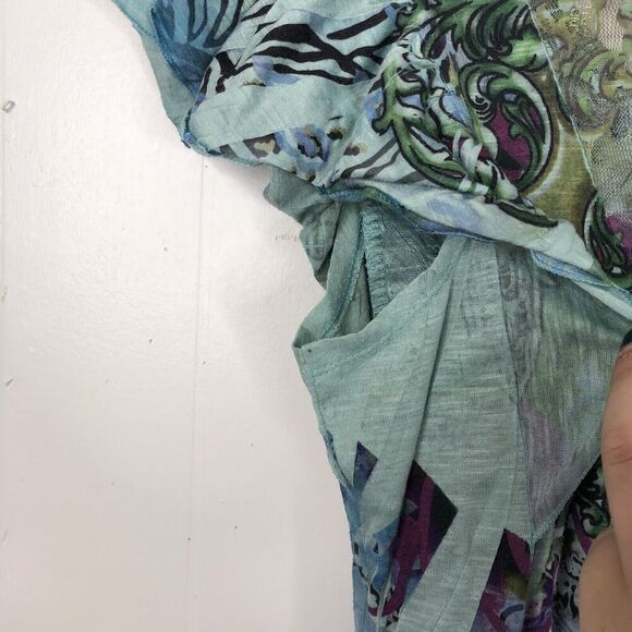 Unity World Wear Y2K Top Fitted Dyed Print Ruffle Cap Sleeve Womens L Stretchy - Picture 7 of 13